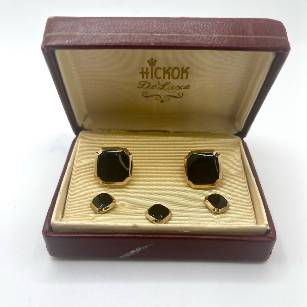 Vintage Hickok De Luxe Black Onyx Look Cuff Links & Stud Set in Box